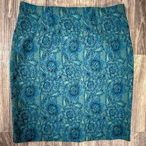 J. Jill XS Petite Floral Jacquard Pencil Skirt Teal Blue Green Tapestry Style